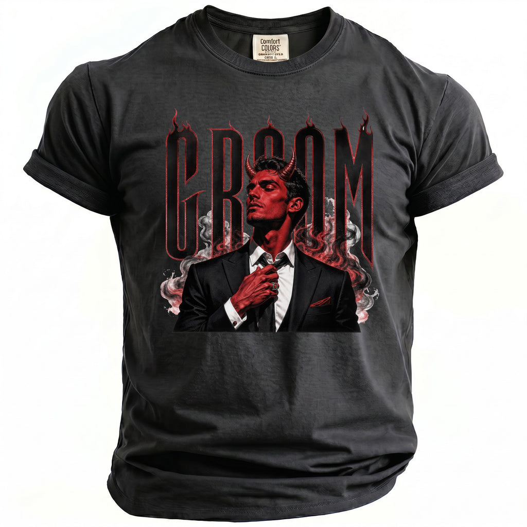 Dark gray t-shirt with a graphic of a demon man adjusting his tie, "GROOM" text.