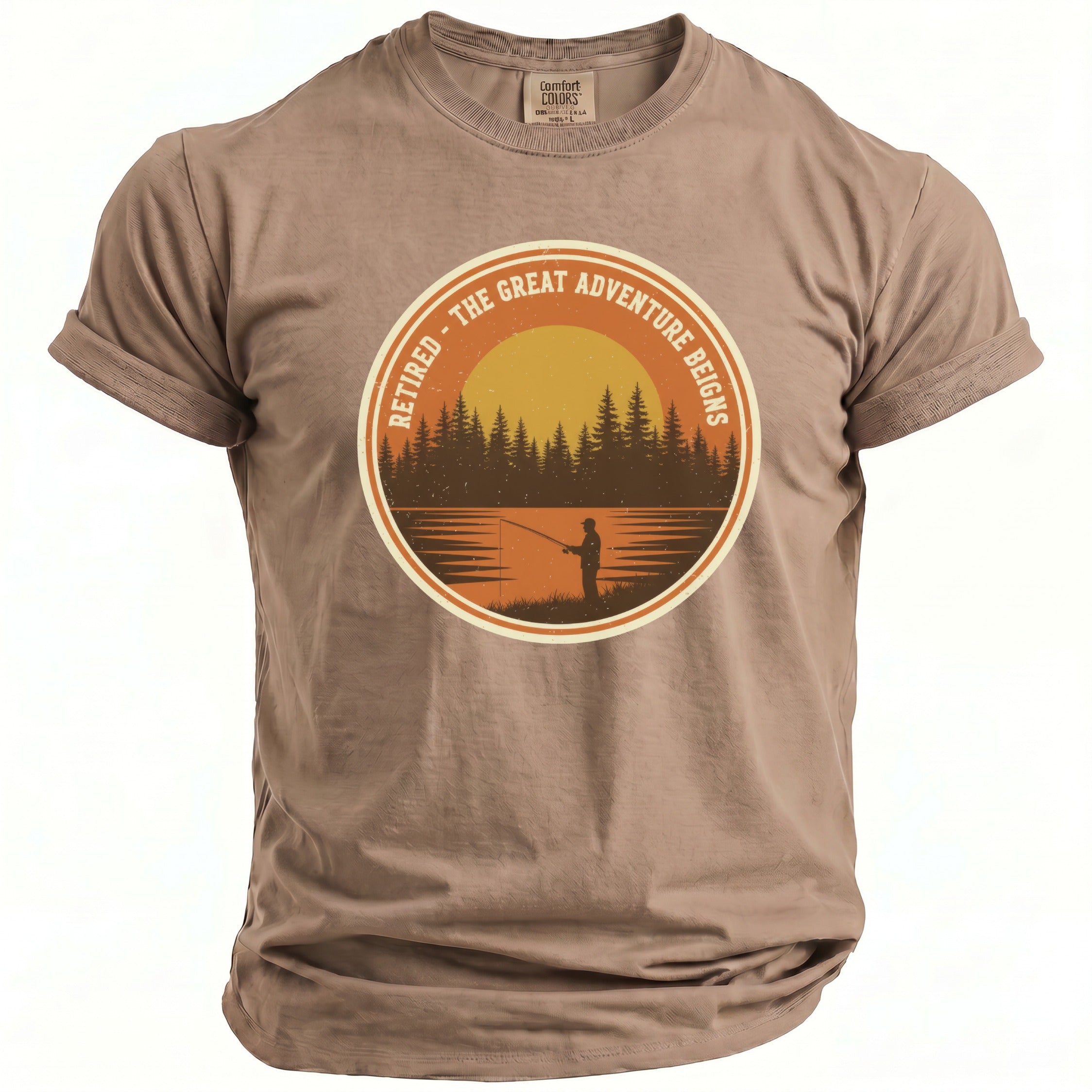T-shirt with "RETIRED - THE GREAT ADVENTURE BEIGNS" text and fishing scene.
