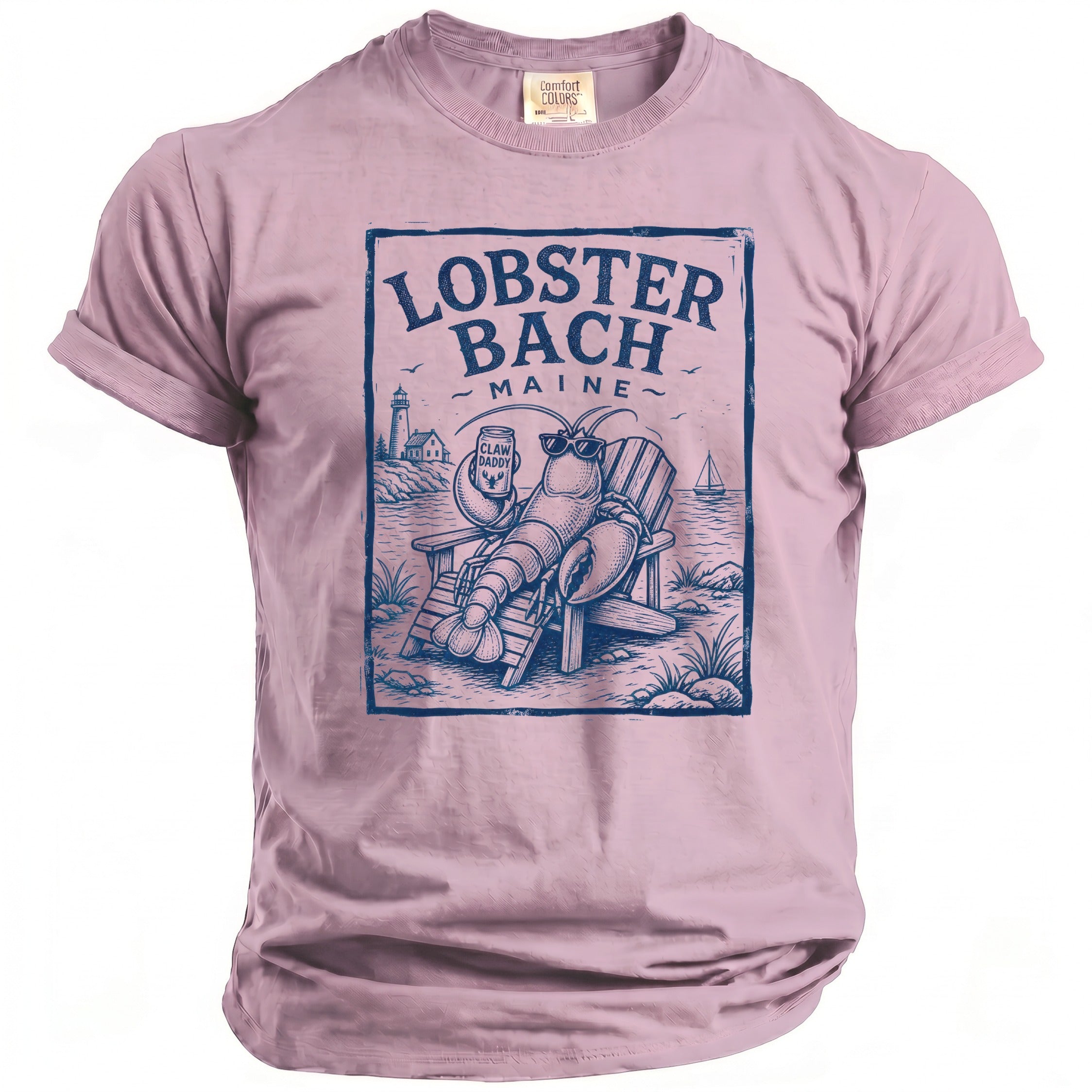 Maine lobster sitting in beach chair with beer, "Lobster Bach Maine" text.