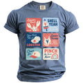 Blue t-shirt with six square graphics featuring lobster-themed sayings and illustrations.