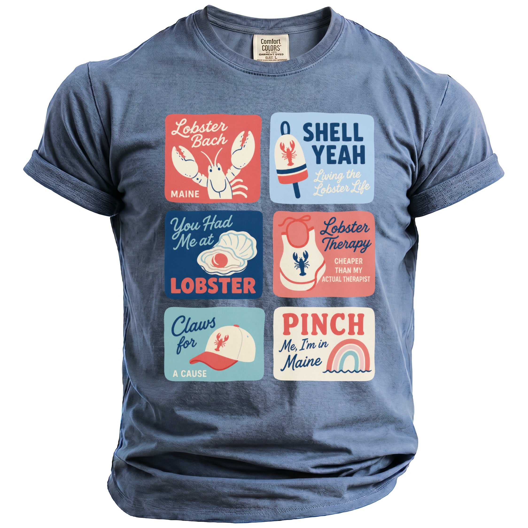 Blue t-shirt with six square graphics featuring lobster-themed sayings and illustrations.