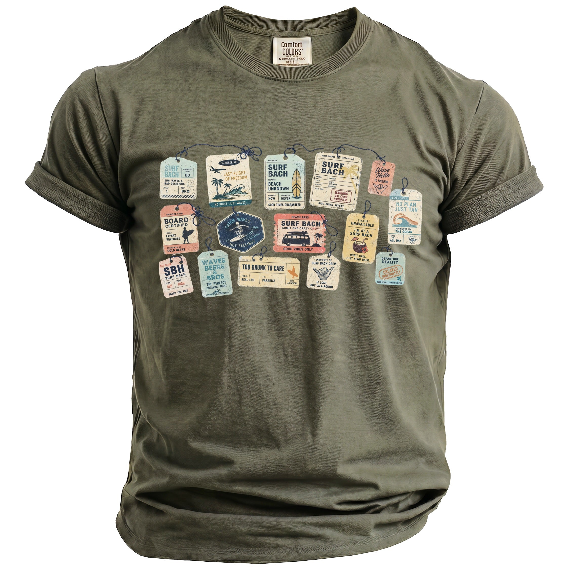 Olive green t-shirt with a graphic of luggage tags about surfing and good times.