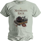 Shirt with "Maximilian's Bach" text, a book, rose, necklace, and seal.