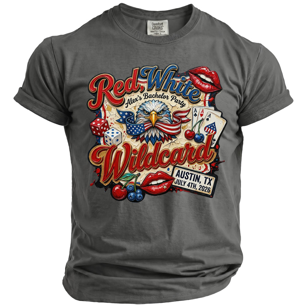 Grey t-shirt with "Red White Wildcard" and eagle graphic for bachelor party.
