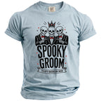 Light blue t-shirt with "Spooky Groom Tyler's Bachelor Bash" text and three skeletons.