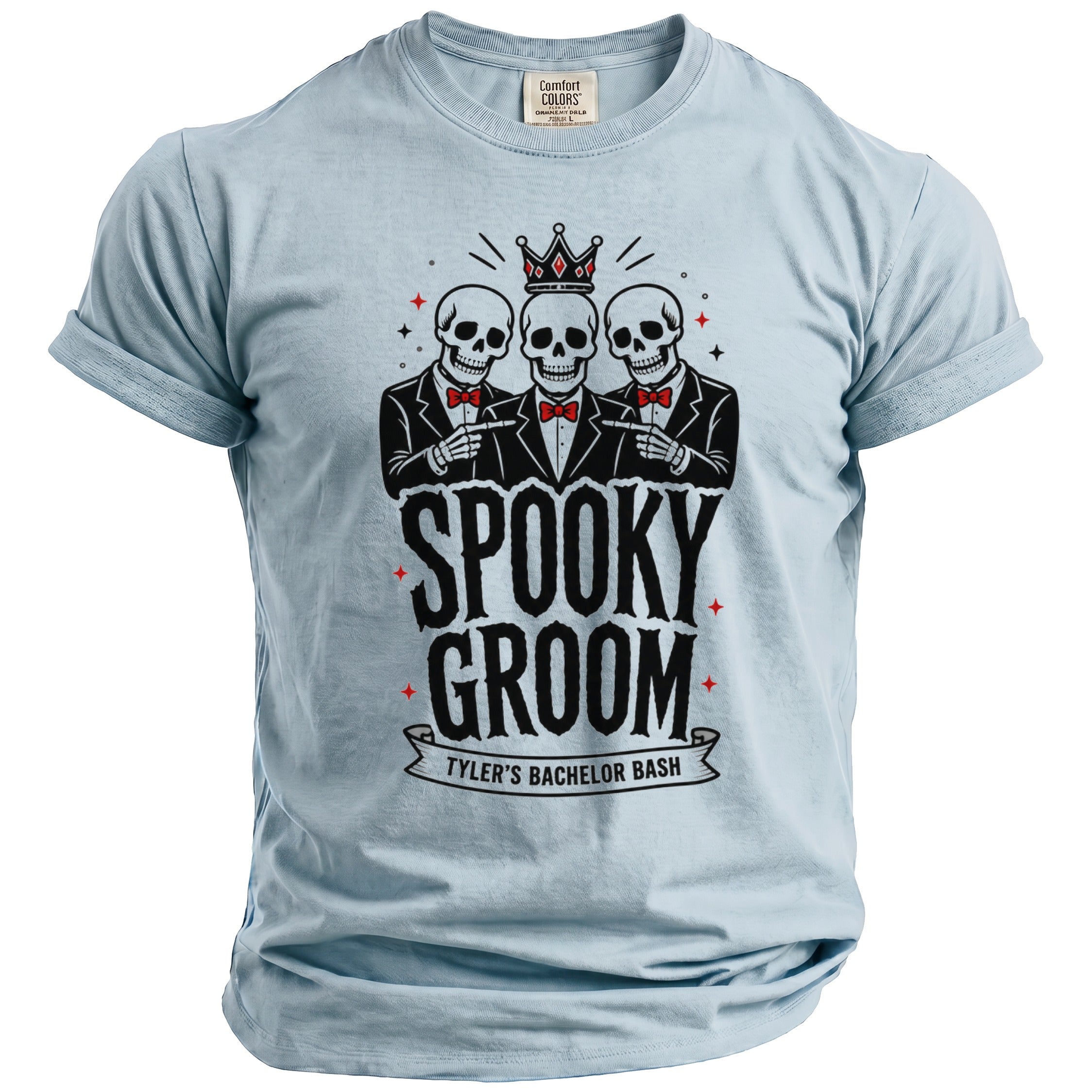 Light blue t-shirt with "Spooky Groom Tyler's Bachelor Bash" text and three skeletons.