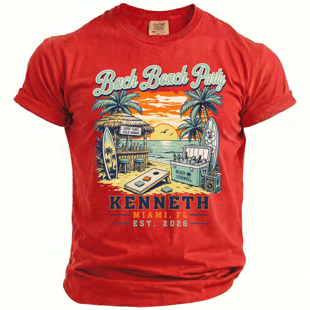 Red t-shirt with a beach party graphic featuring palm trees, a bar, and cooler.
