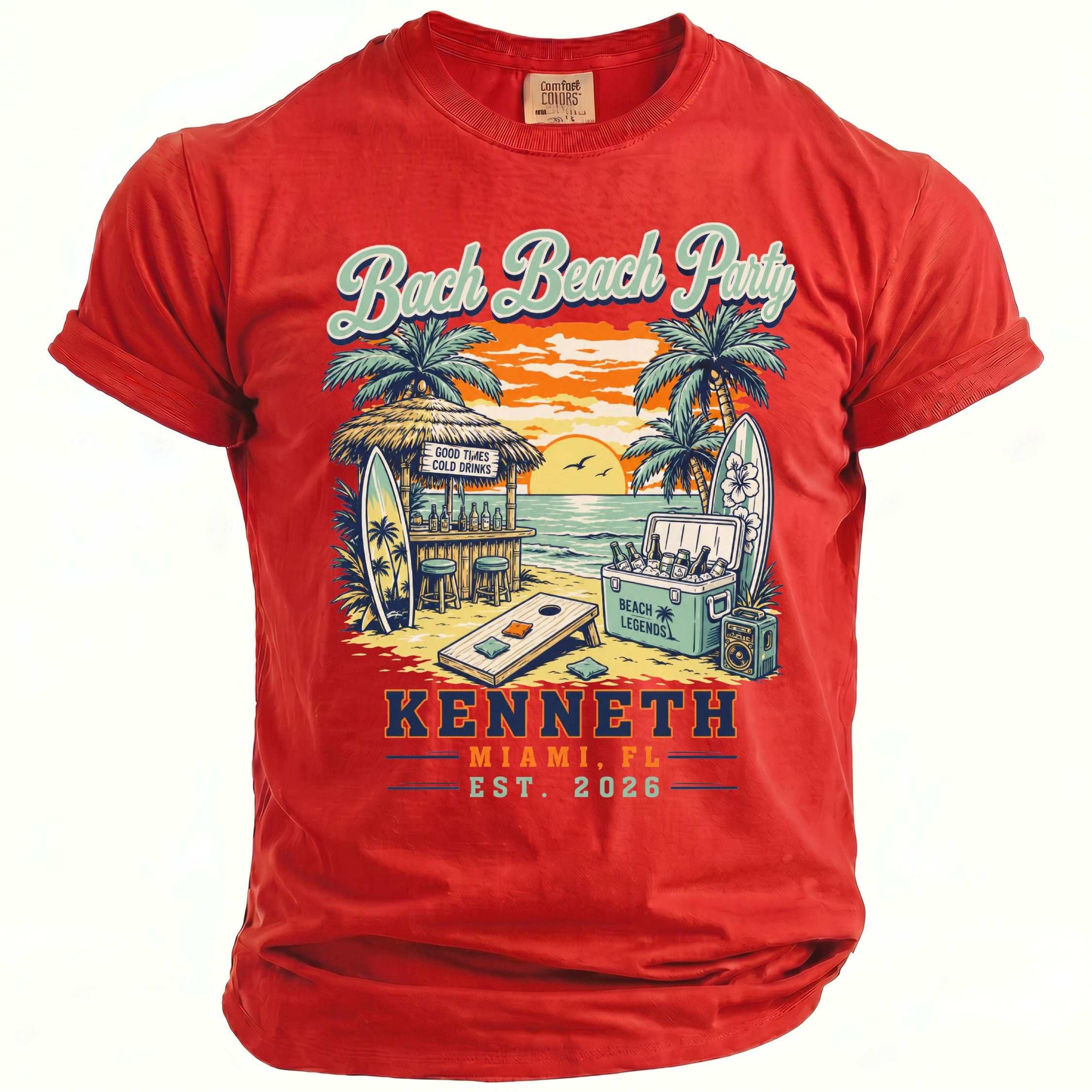 Red t-shirt with a beach party graphic featuring palm trees, a bar, and cooler.