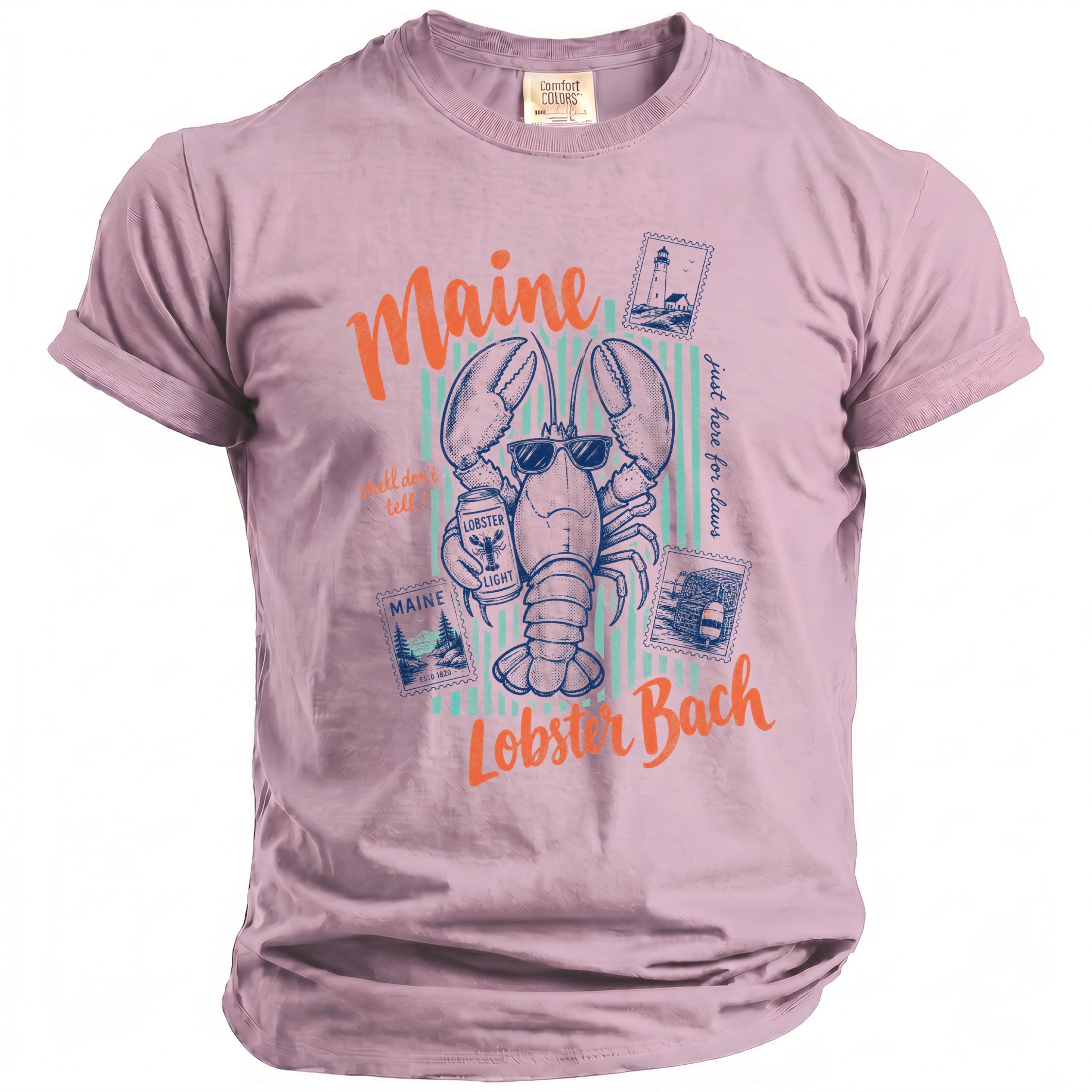 Maine Lobster Bach graphic tee with sunglasses, beer, and lighthouse stamps.