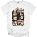 Illustration of a couple and "The Weekend Is Over" text on a white t-shirt.
