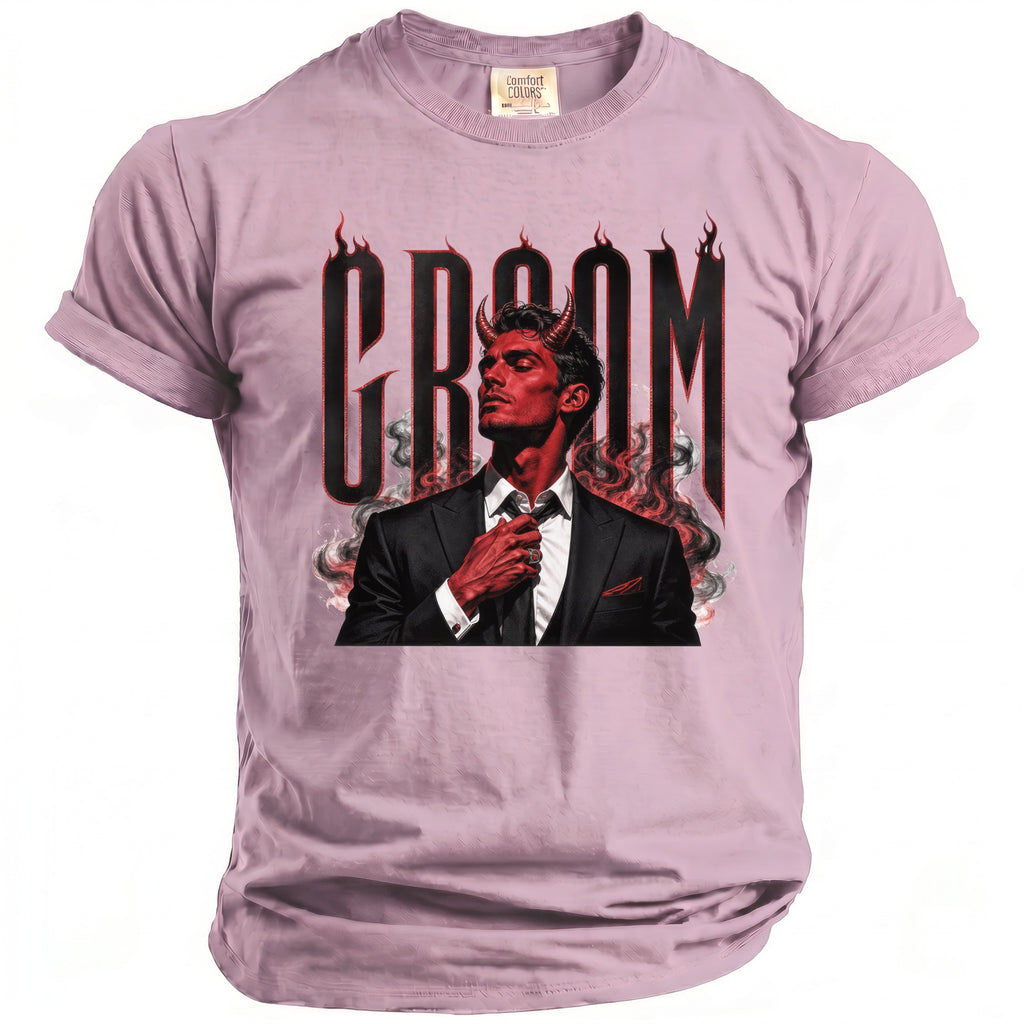 Pink t-shirt with "GROOM" text and a devilish man graphic.