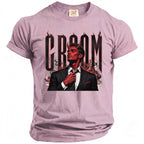 Pink t-shirt with "GROOM" text and a devilish man graphic.
