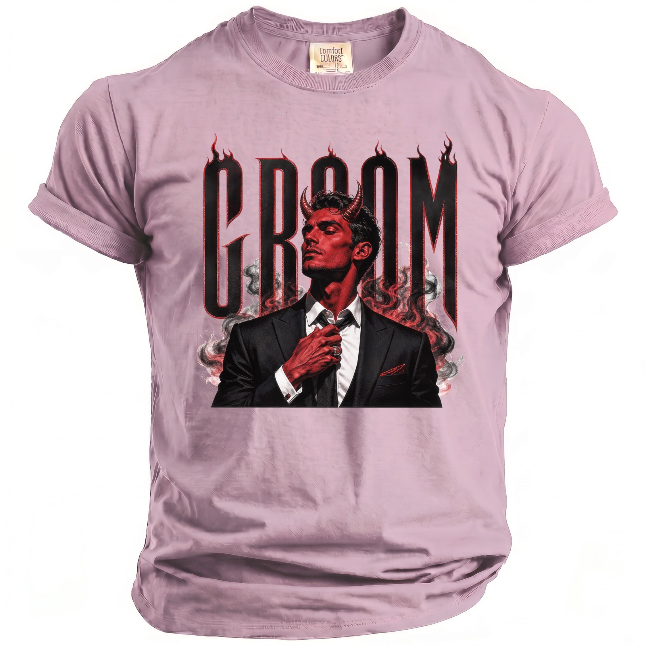 Pink t-shirt with "GROOM" text and a devilish man graphic.
