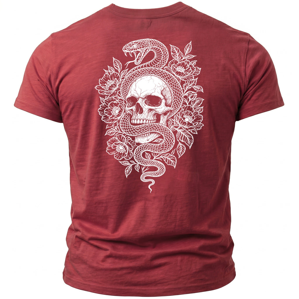 Red t-shirt with a white graphic of a snake coiled around a skull and flowers.