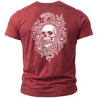Red t-shirt with a white graphic of a snake coiled around a skull and flowers.