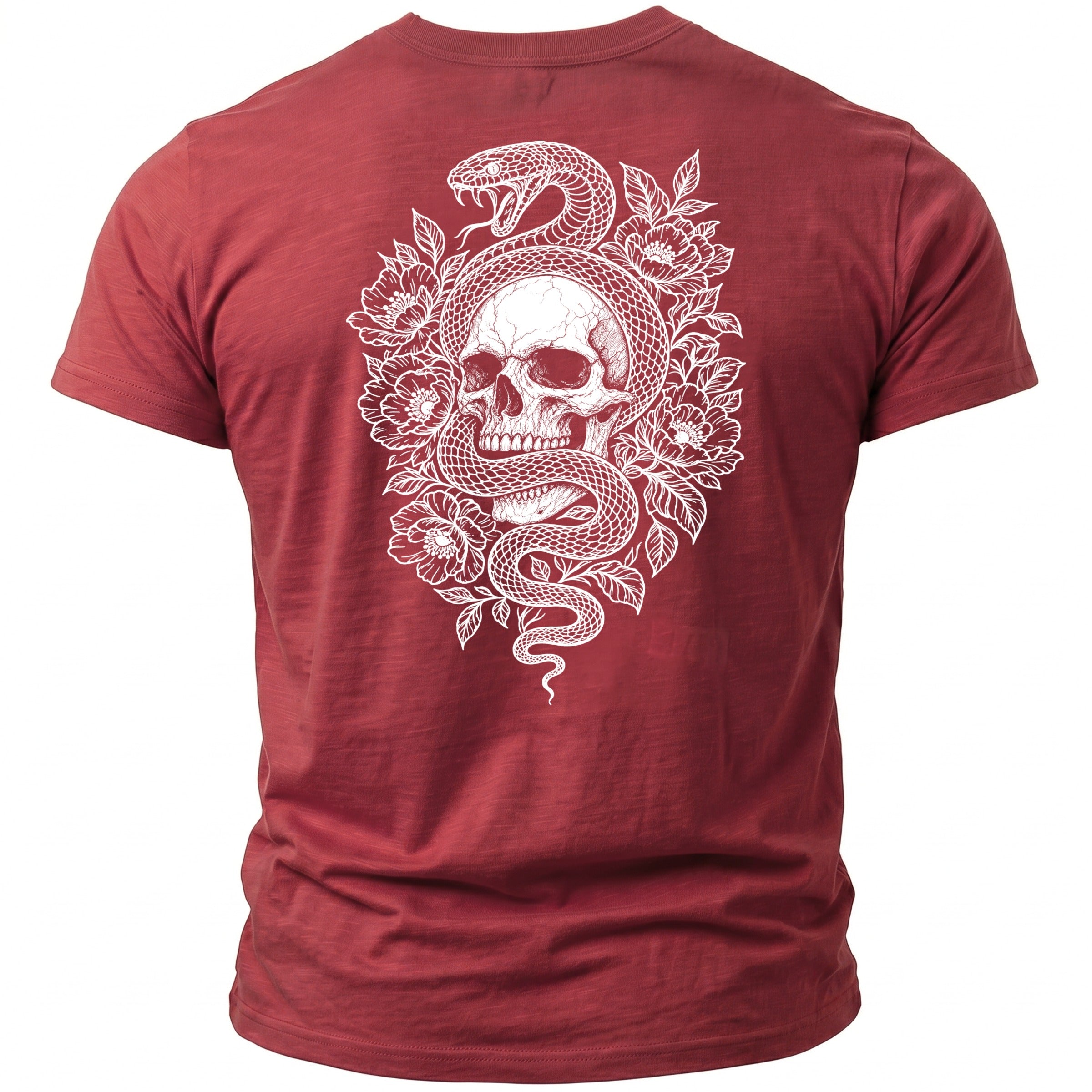 Red t-shirt with a white graphic of a snake coiled around a skull and flowers.
