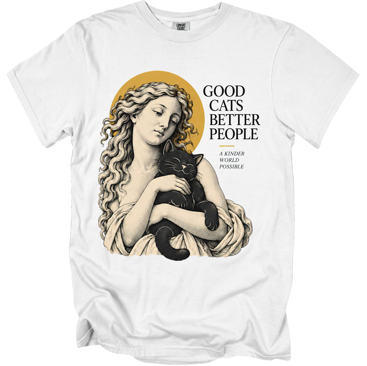 Illustration of woman holding black cat with text "GOOD CATS BETTER PEOPLE A KINDER WORLD POSSIBLE".