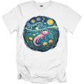 White t-shirt with a circular print of a pink axolotl swimming amongst starry night and water lilies.