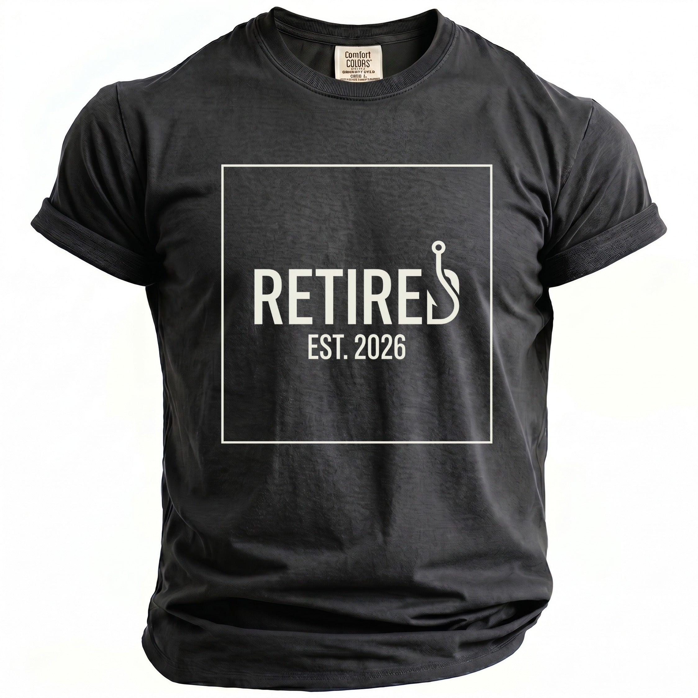 Black t-shirt with "Retired Est. 2026" and a fishing hook graphic.
