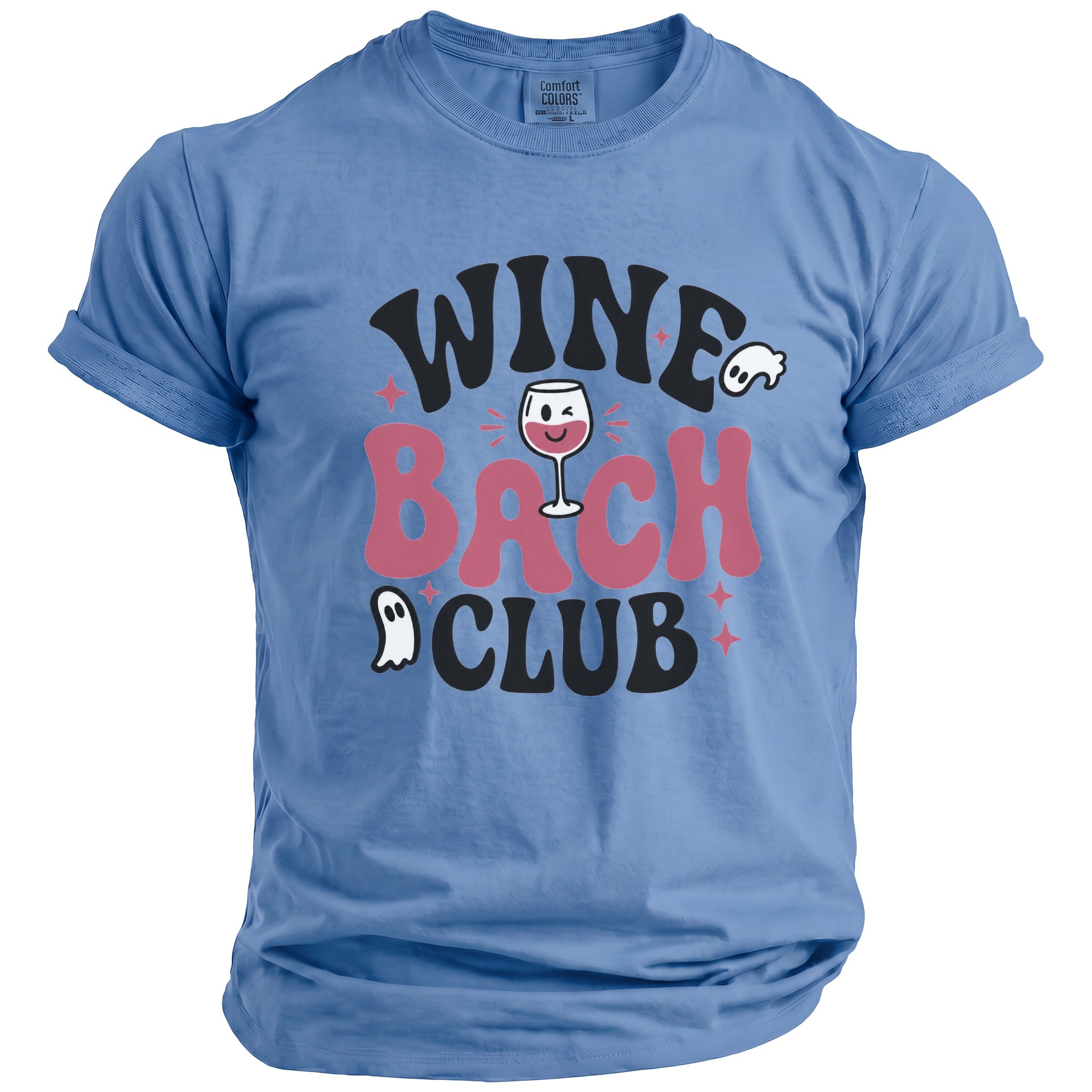 Blue t-shirt with "Wine Bach Club" text, wine glass, and ghosts.