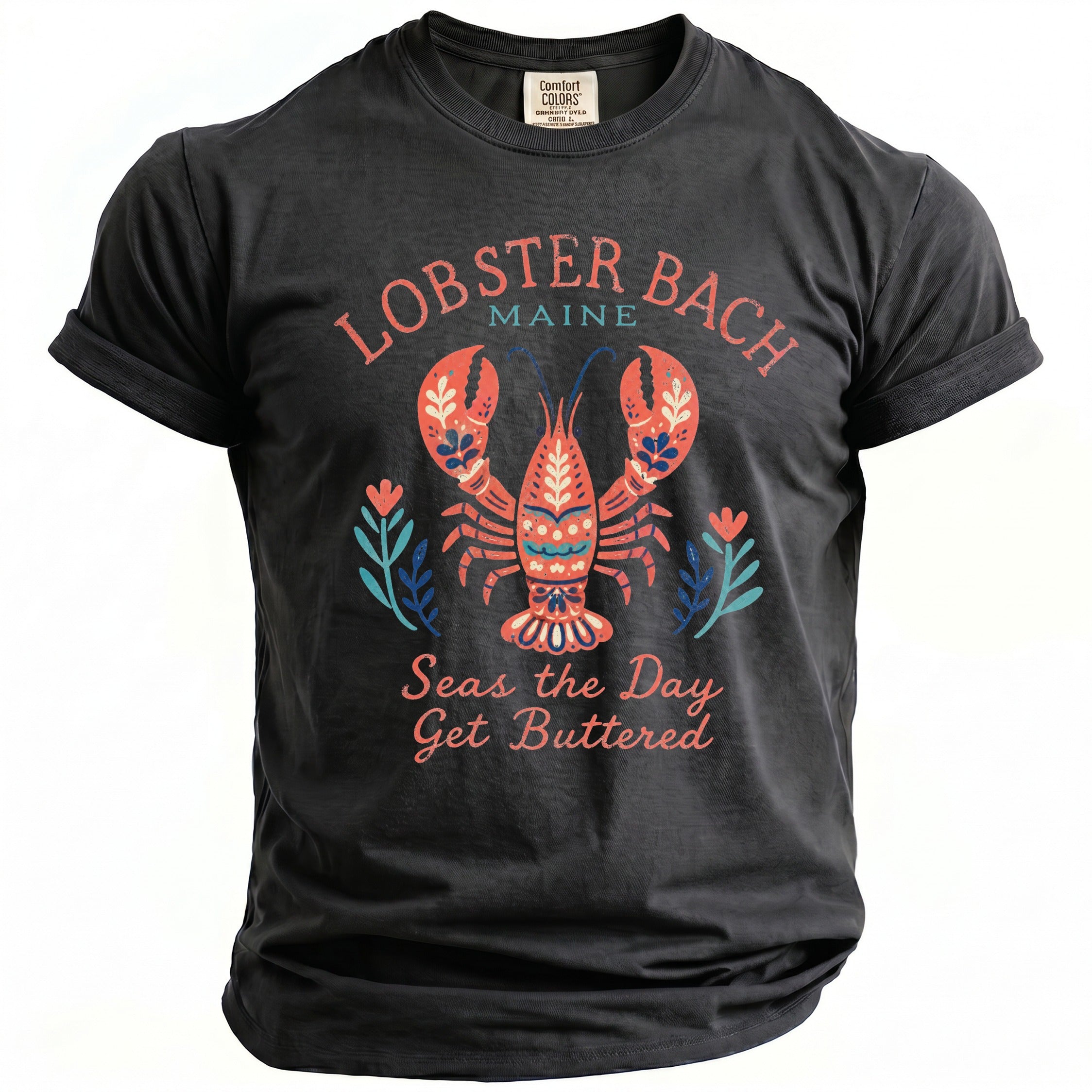 Dark gray t-shirt with lobster graphic and "Lobster Bach Maine" text.