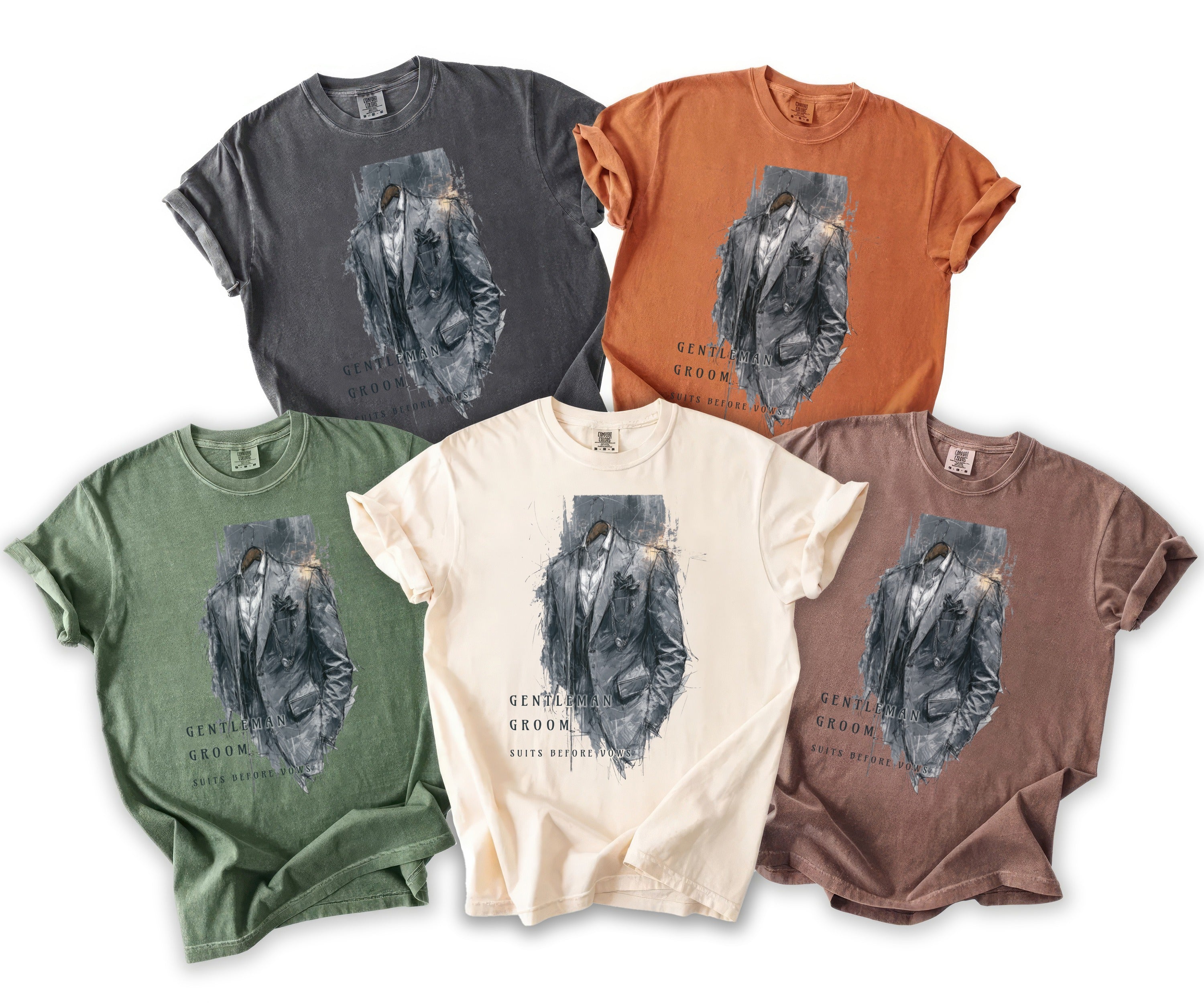 Five t-shirts in different colors, each with a sketch of a suit and the words "Gentleman Groom Suits Before Vows."