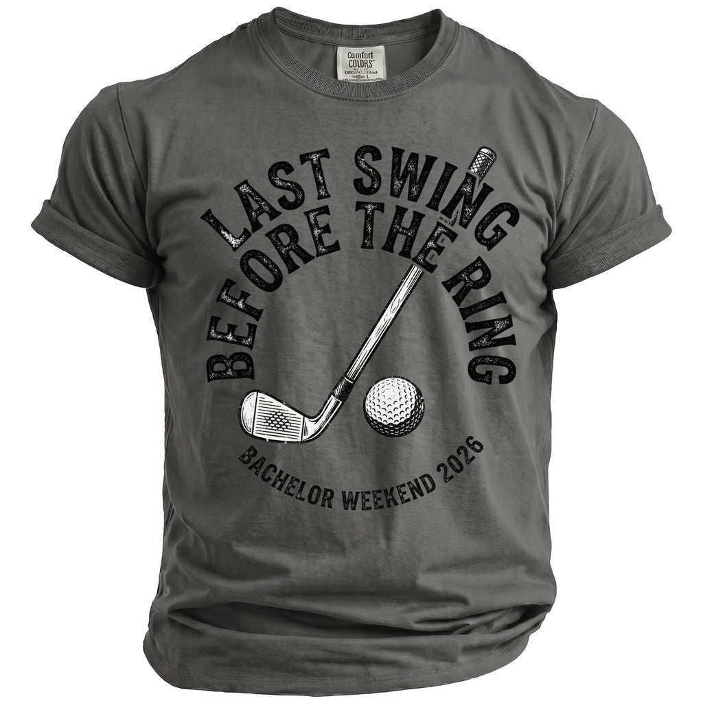 Grey t-shirt with "Last Swing Before The Ring" logo and golf elements.