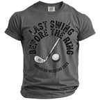 Grey t-shirt with "Last Swing Before The Ring" logo and golf elements.