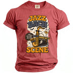 T-shirt with "Jazz Bach Scene" text, saxophone, martini, and amplifier graphics.