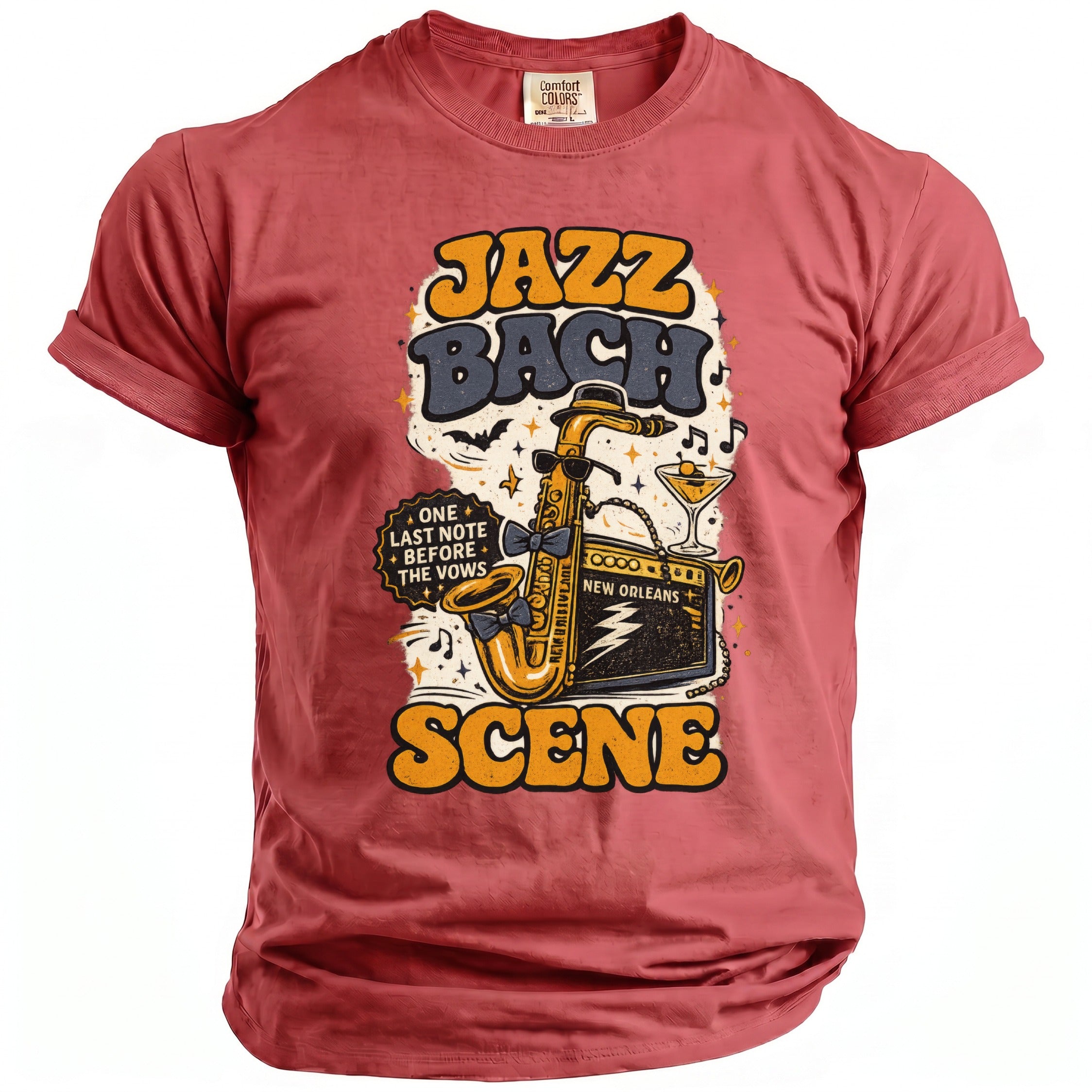 T-shirt with "Jazz Bach Scene" text, saxophone, martini, and amplifier graphics.