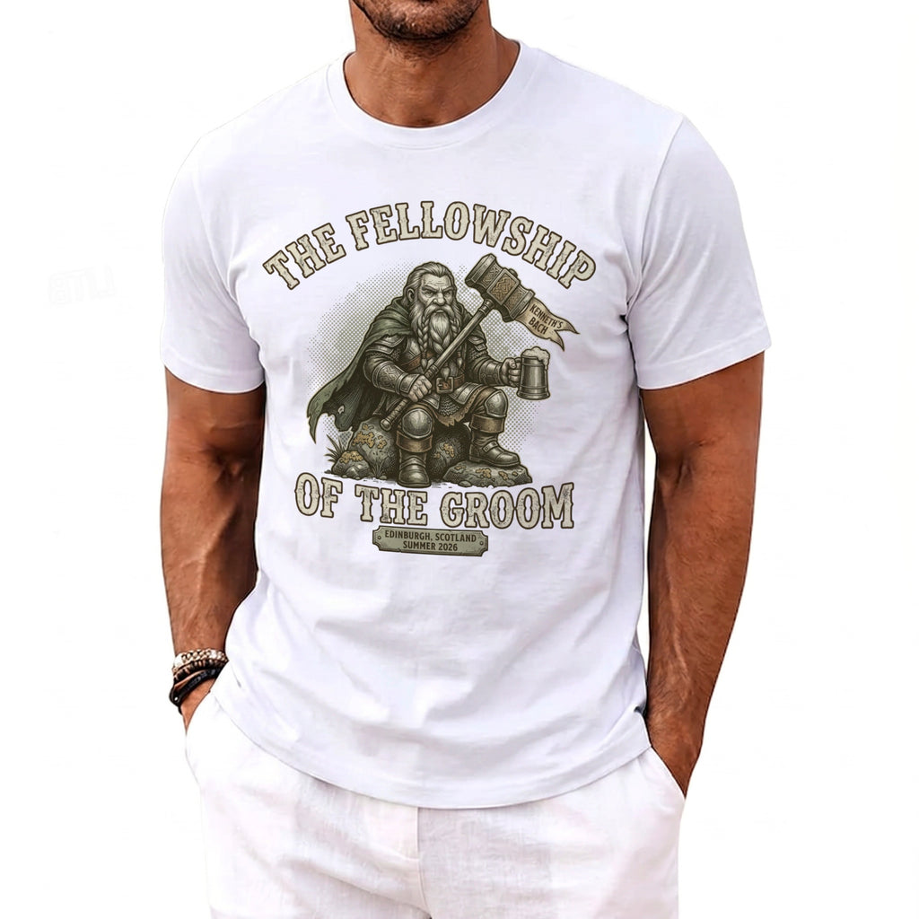 White t-shirt with "The Fellowship Of The Groom" text and a dwarf holding a mug and hammer.