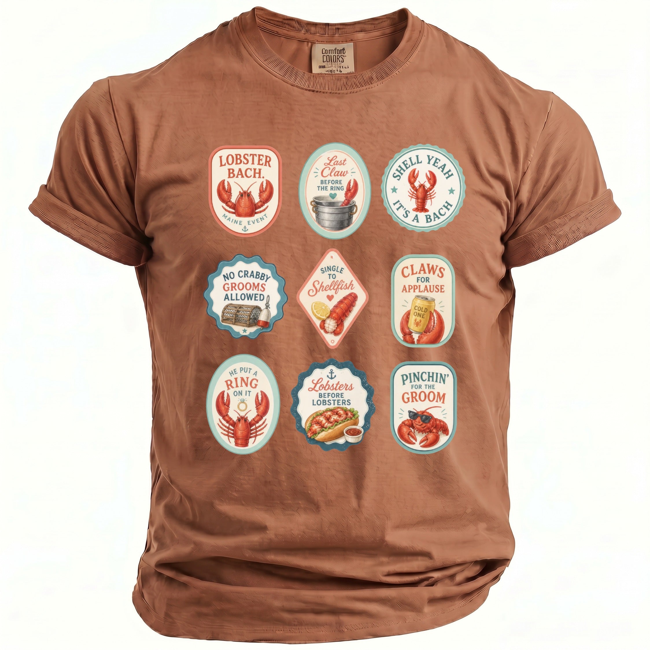 Brown t-shirt with nine oval graphics featuring lobsters and humorous text.