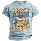 Light blue t-shirt with "Prost Bach Scene" text, beer mug, pretzel, and "München 2026".