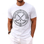 White t-shirt with "Same Hole Forever Bachelor Golf Weekend 2026" text and golf graphics.