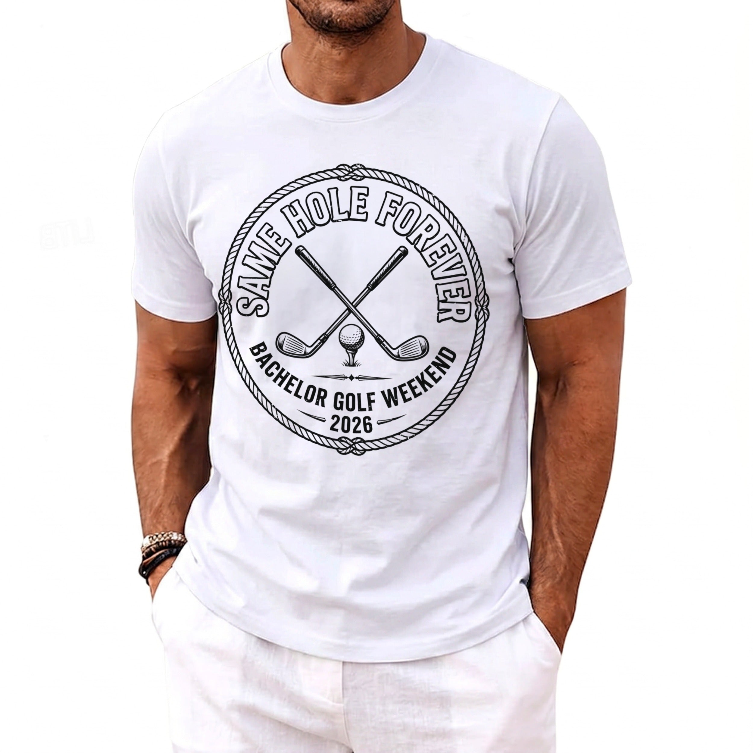 White t-shirt with "Same Hole Forever Bachelor Golf Weekend 2026" text and golf graphics.