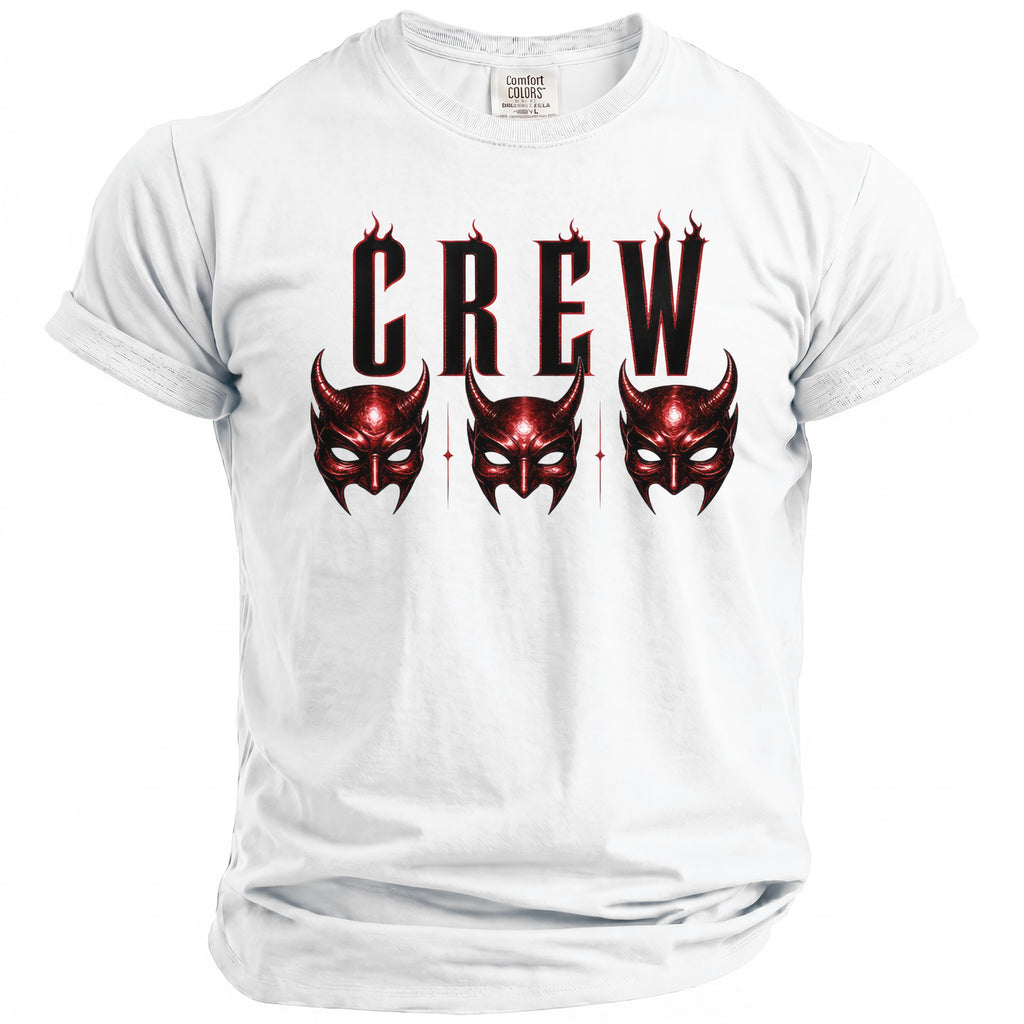 White t-shirt with "CREW" text and three red devil masks.