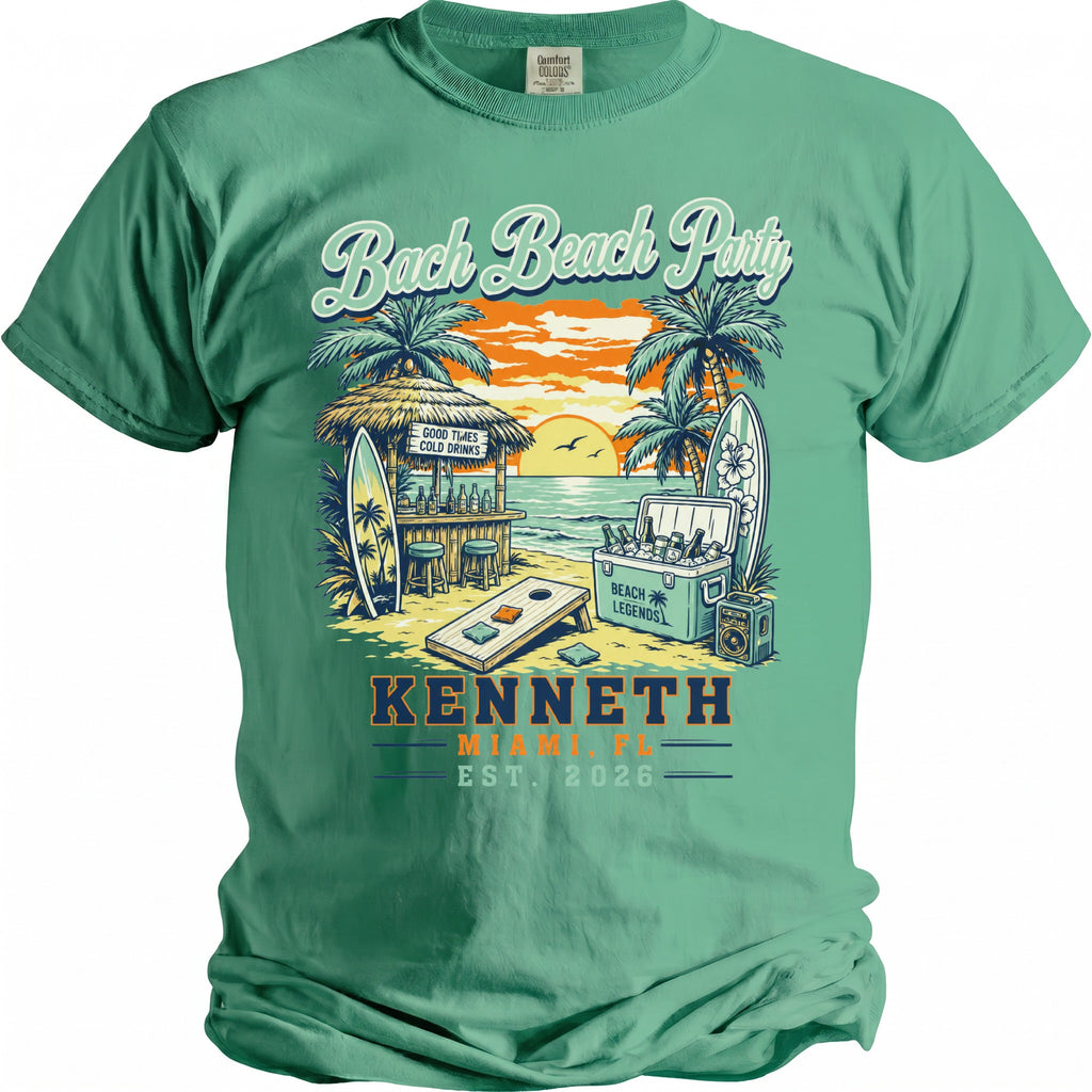 Beach scene with bar and cooler text "Bach Beach Party Kenneth Miami FL Est. 2026".