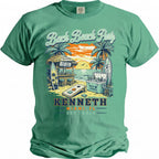 Beach scene with bar and cooler text "Bach Beach Party Kenneth Miami FL Est. 2026".