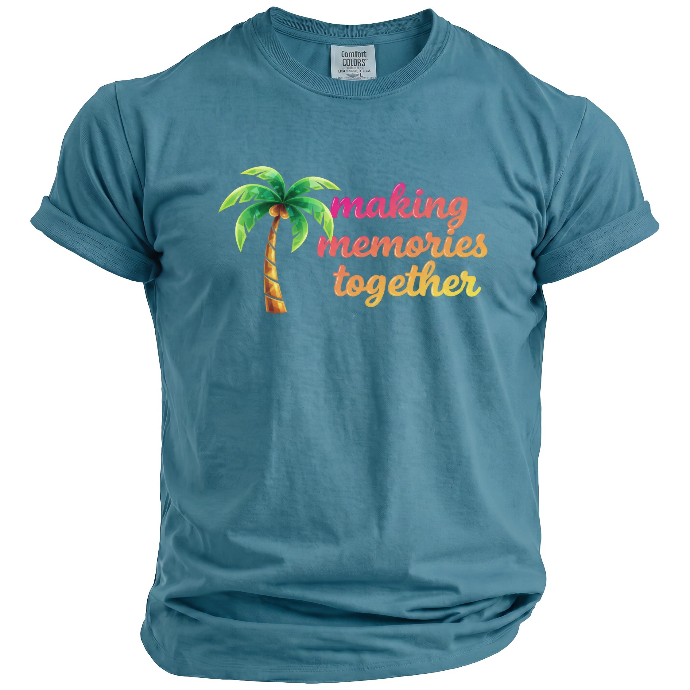 Teal t-shirt with palm tree and "making memories together" text graphic.