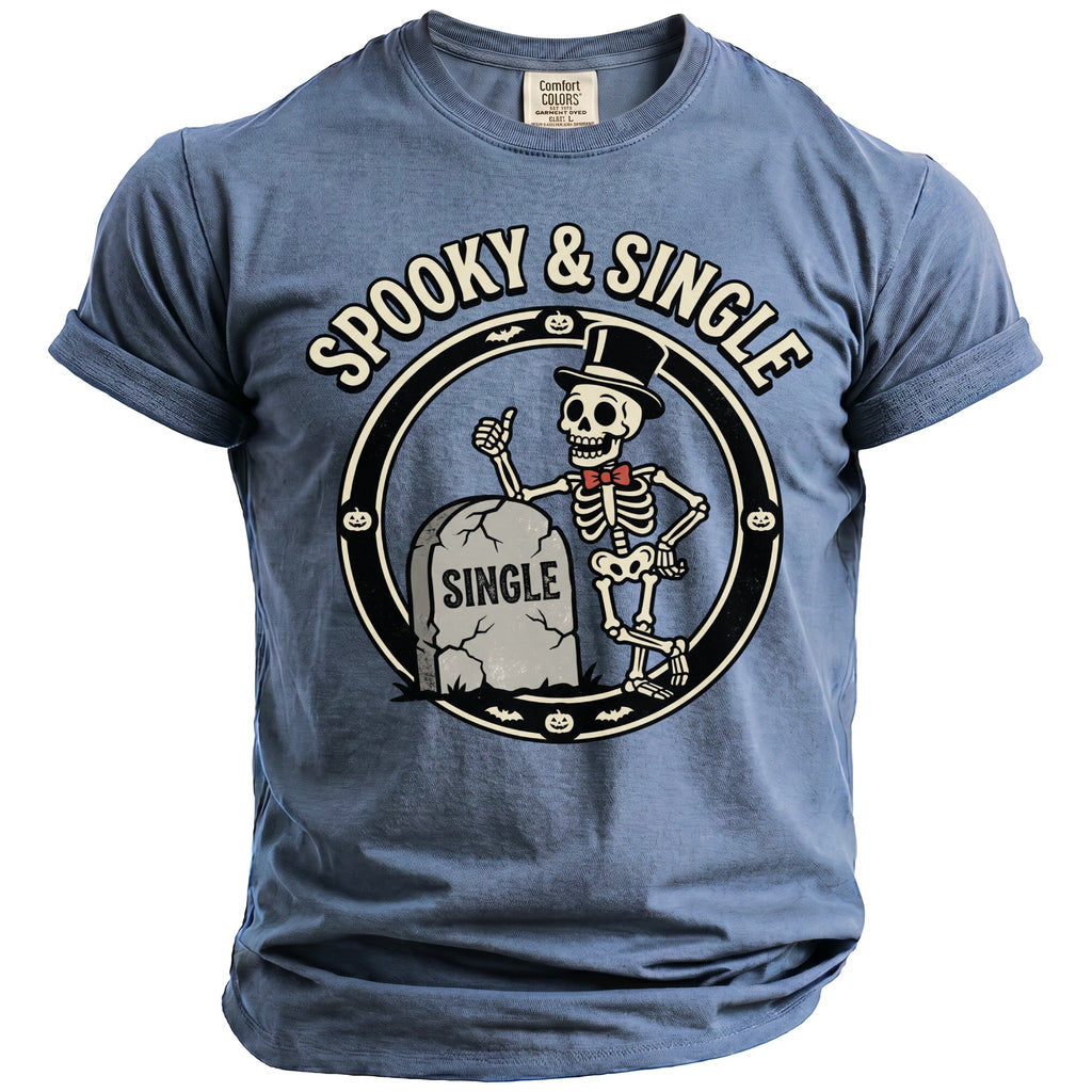 Blue t-shirt with skeleton and tombstone graphic saying "SPOOKY & SINGLE".