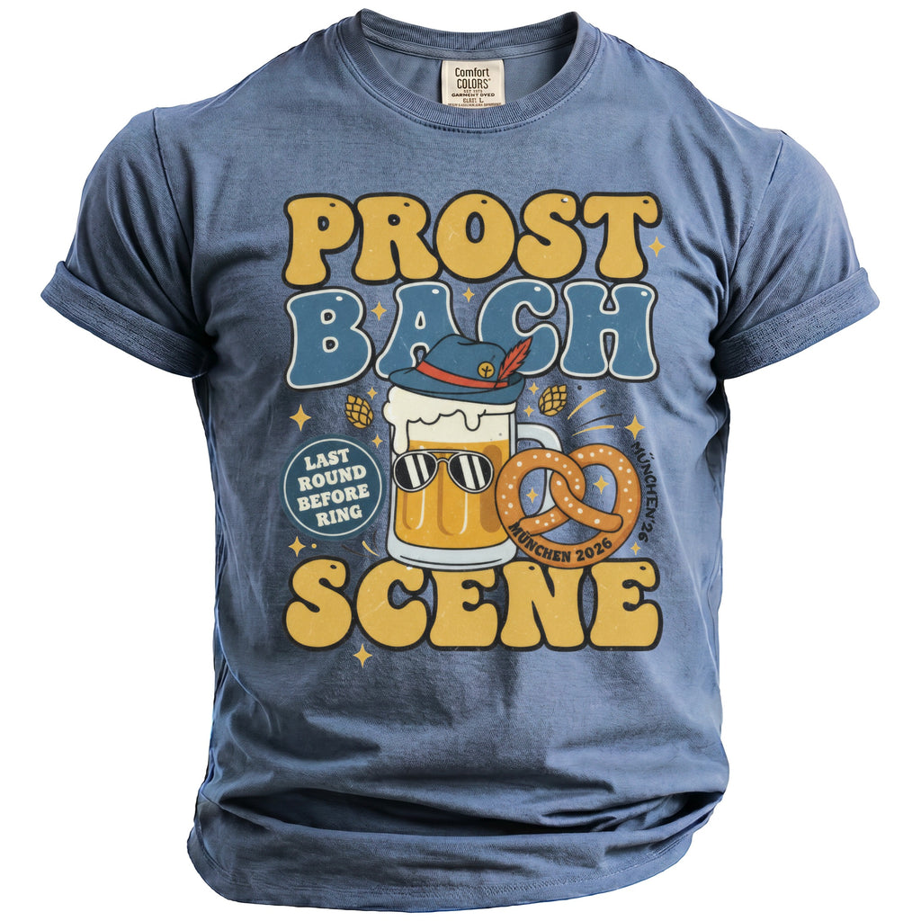 T-shirt with "Prost Bach Scene" text, beer mug, pretzel, and "München 2026".