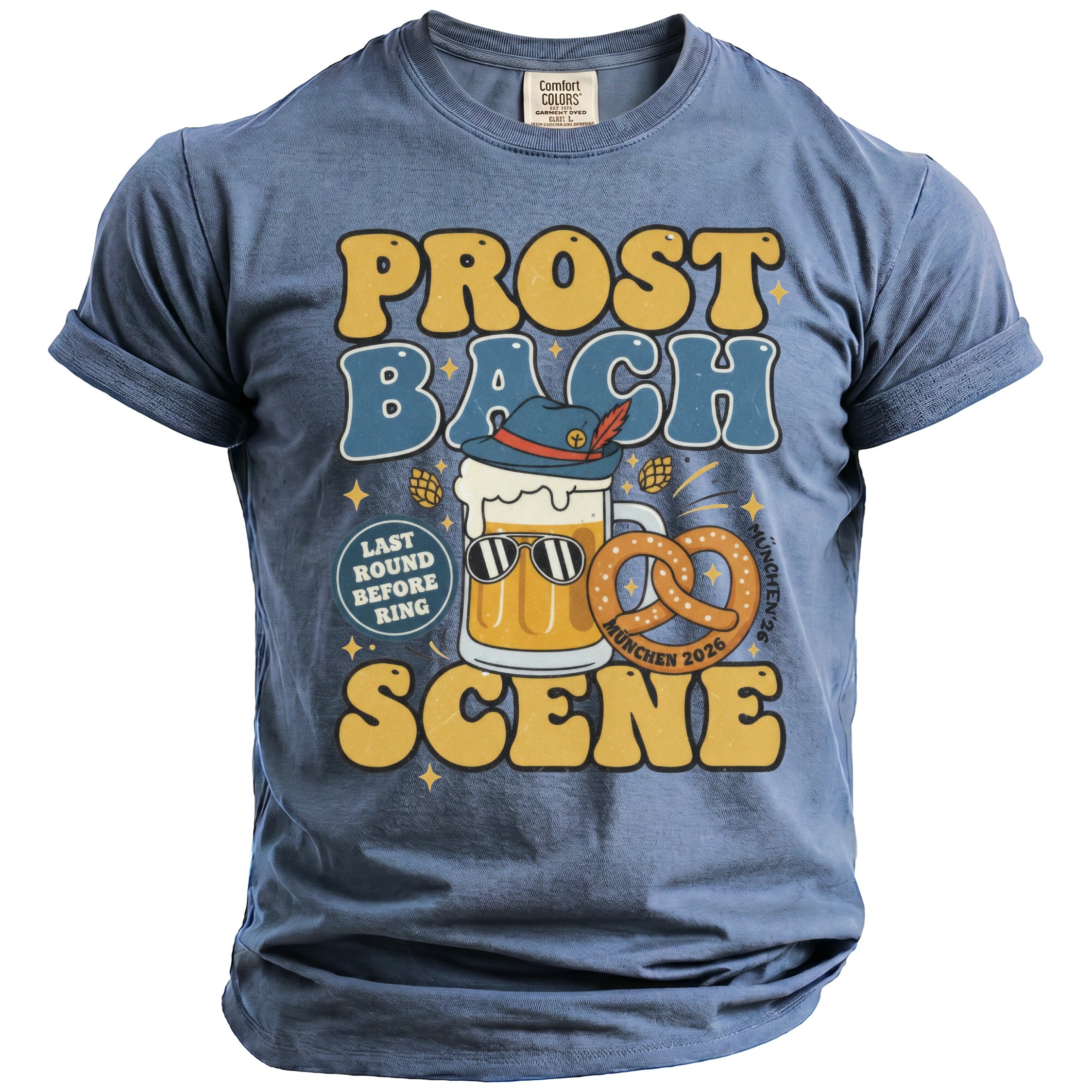 T-shirt with "Prost Bach Scene" text, beer mug, pretzel, and "München 2026".