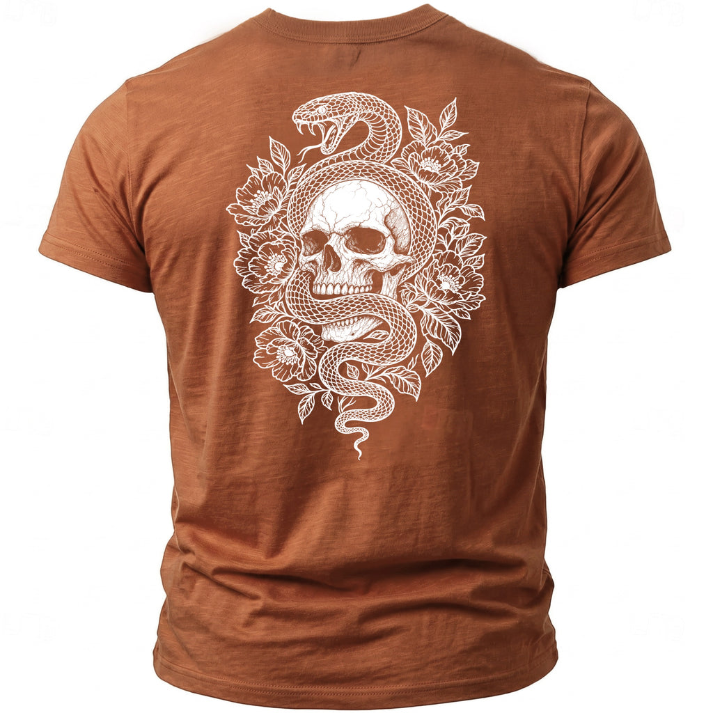 Brown t-shirt featuring a white graphic of a snake coiled around a skull and flowers.