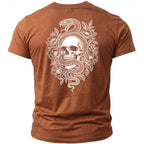 Brown t-shirt featuring a white graphic of a snake coiled around a skull and flowers.