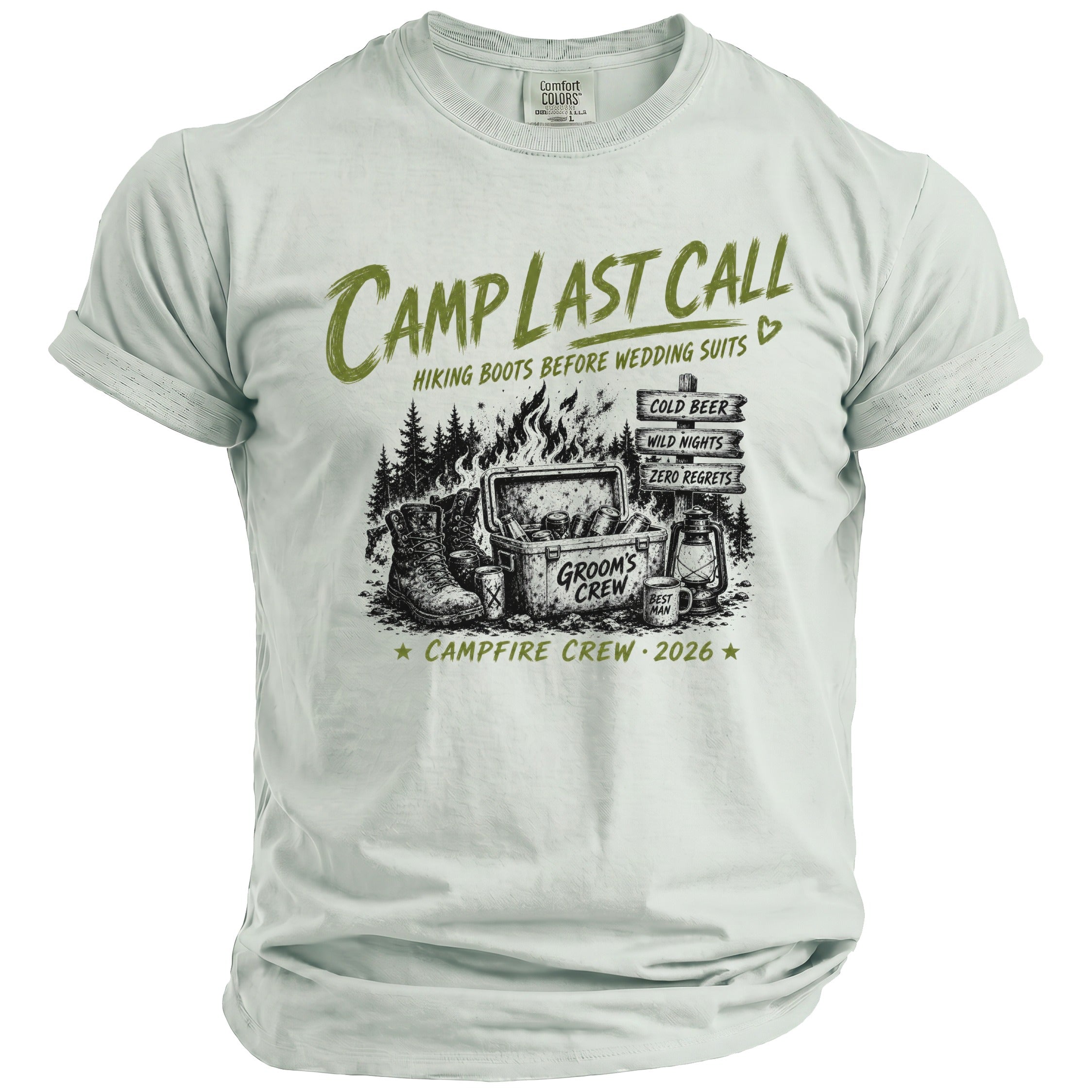 Light green t-shirt with "Camp Last Call" graphic and "Campfire Crew 2026" text.