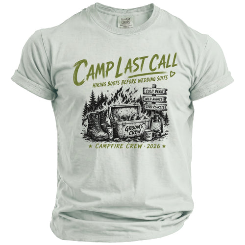 Light green t-shirt with "Camp Last Call" graphic and "Campfire Crew 2026" text.