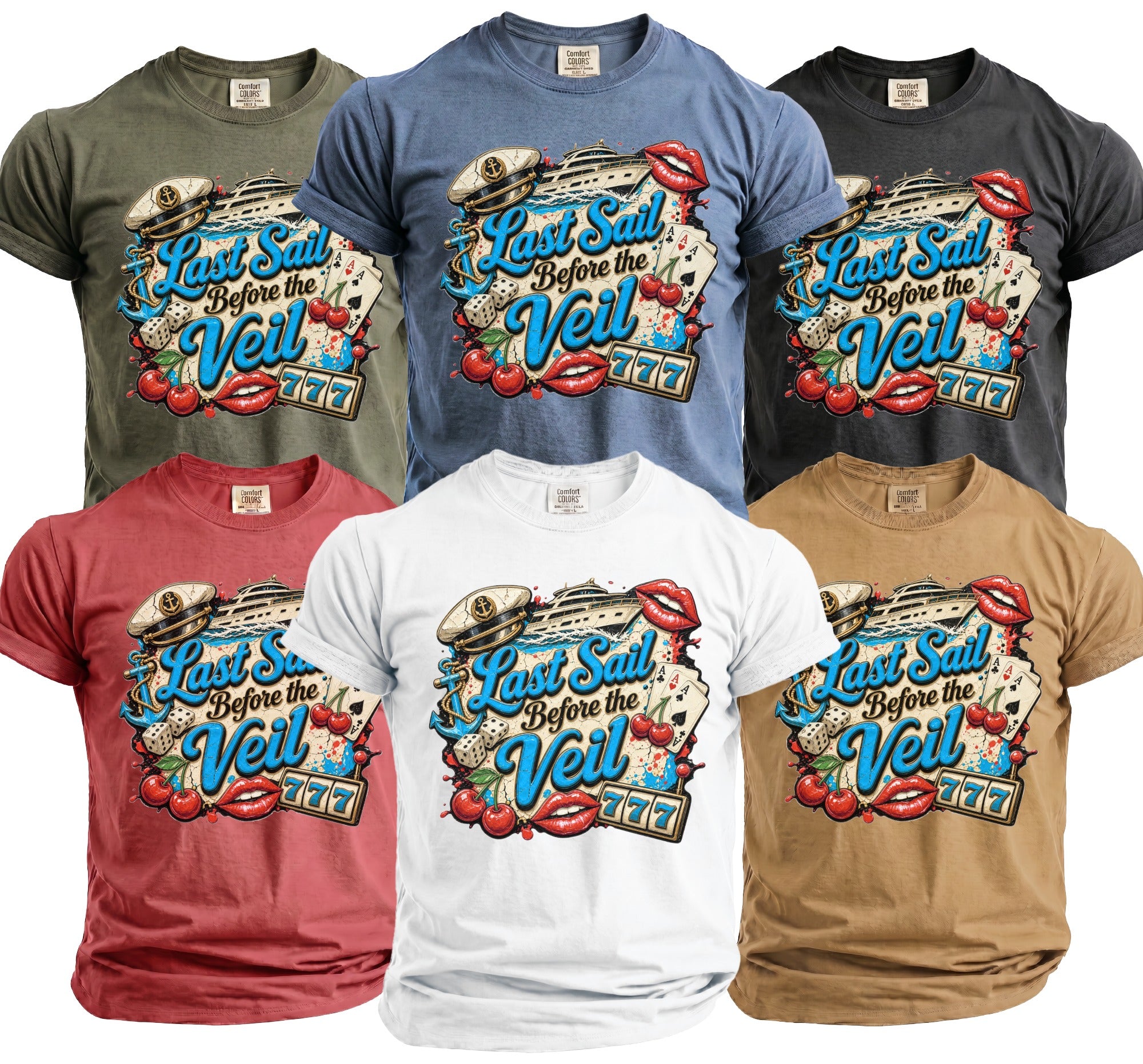 Six t-shirts in different colors featuring a Last Sail Before the Veil graphic design.