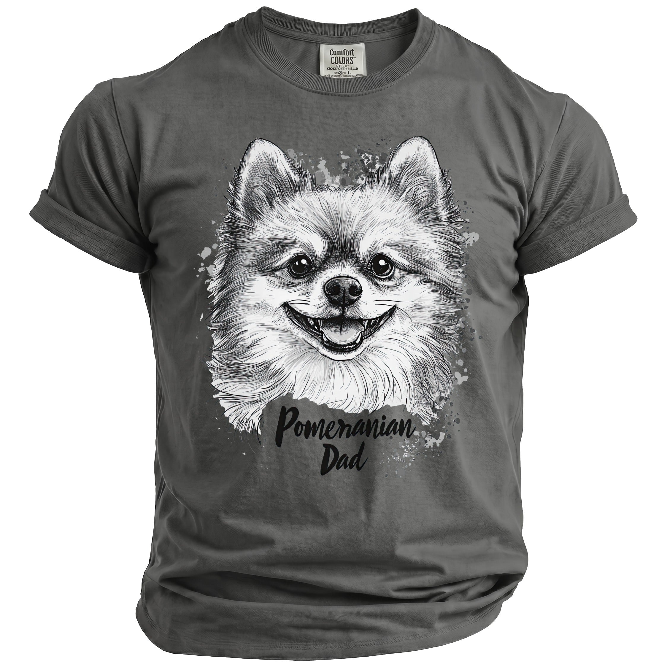 Gray t-shirt with a Pomeranian dog graphic and text "Pomeranian Dad".