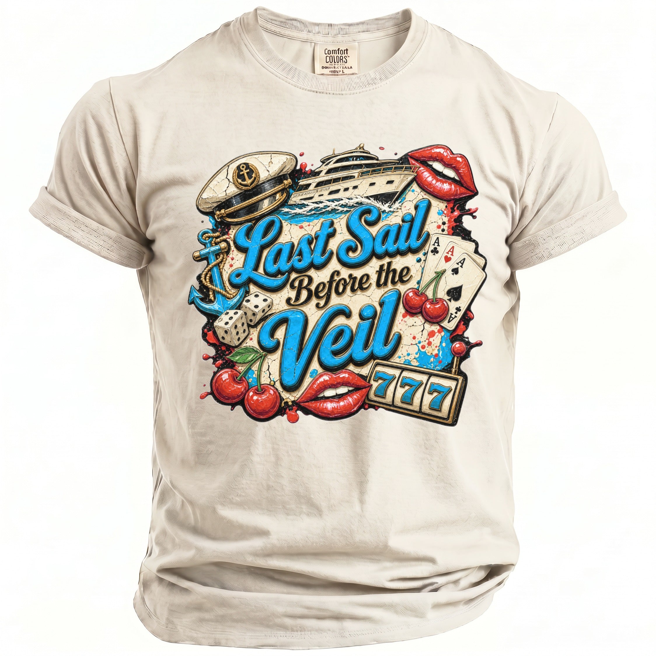 An off-white t-shirt featuring a colorful nautical and Vegas-themed graphic with the text "Last Sail Before the Veil."