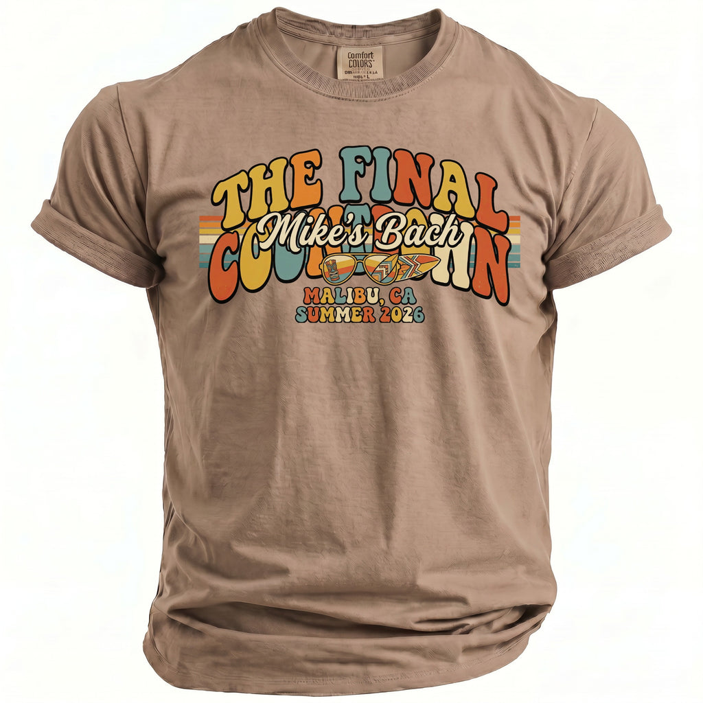 T-shirt with "The Final Mike's Bach" text, sunglasses, surfboard, and Malibu, CA Summer 2026.